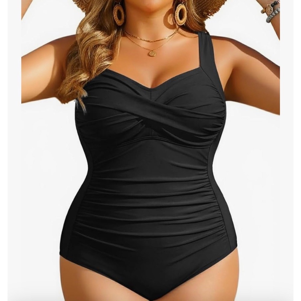 Yonique Womens Black Ruched Tummy Control One Piece Swimsuit Twist Front 18W New